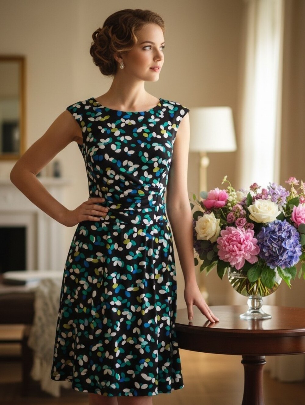 NorthStyle Black Blue & Yellow Abstract Cap Sleeve Knee-Length Dress Size 6